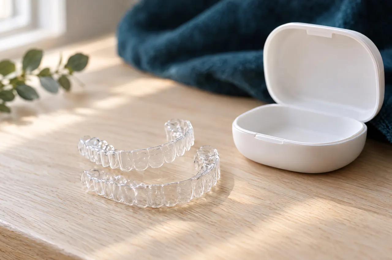 Two clear aligner trays next to their open case on an oak table
