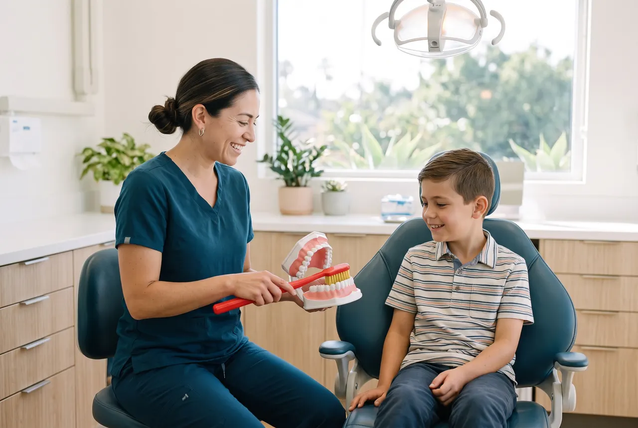 Hygienist Rosa Delgado showing a boy how to brush on a large model of teeth