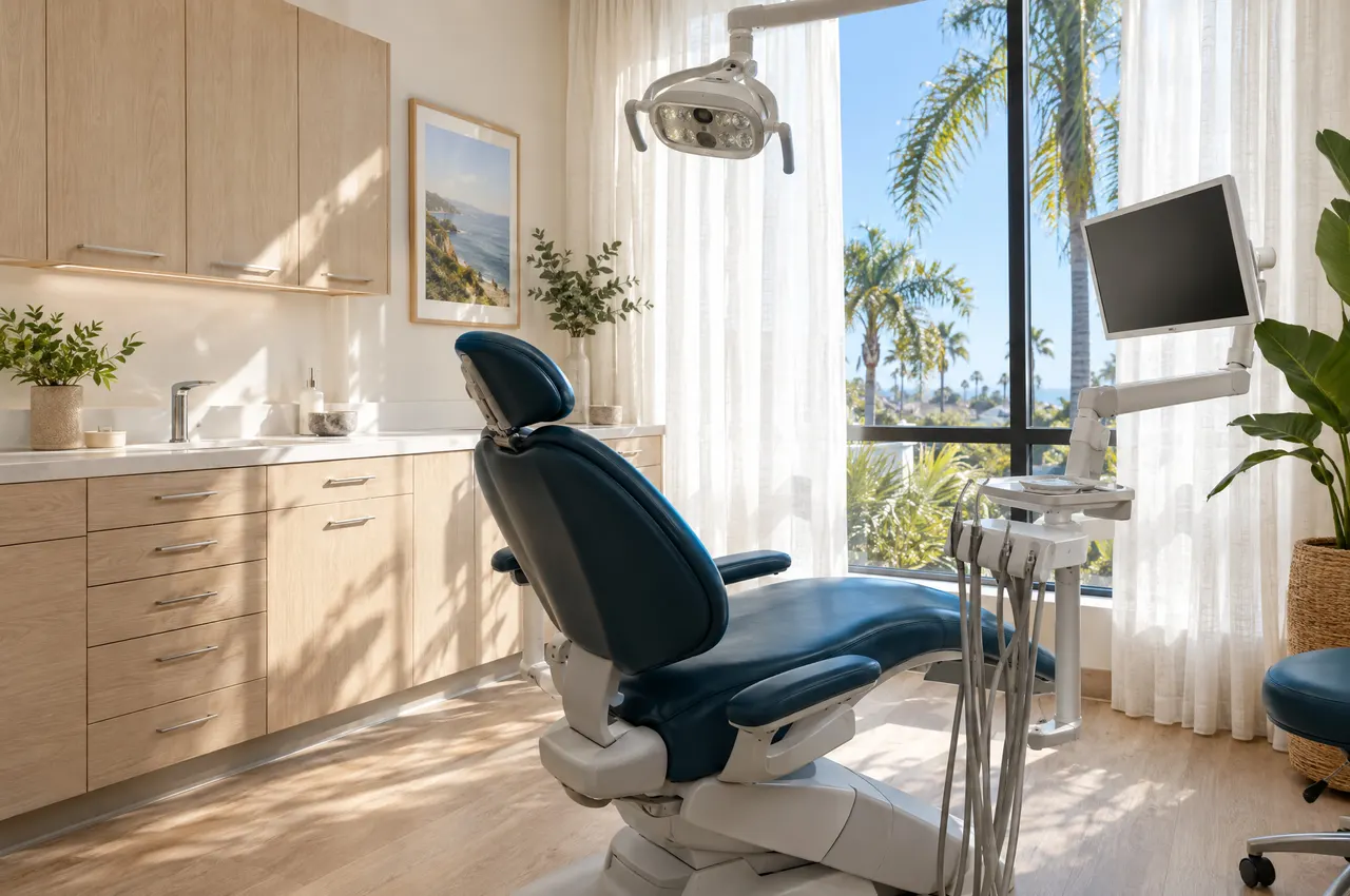 Sunlit treatment room with a deep blue dental chair, oak cabinets and palm trees outside the window