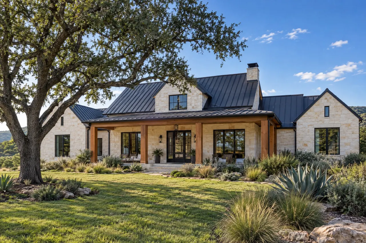 Limestone farmhouse in the Austin hills with a new charcoal standing-seam metal roof and a live oak in the yard
